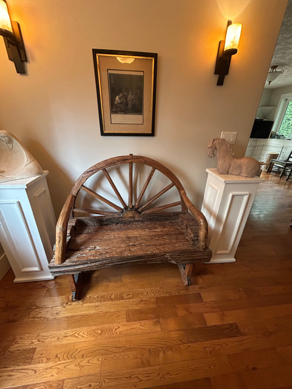 Reclaimed Teak Wagon Wheel Bench