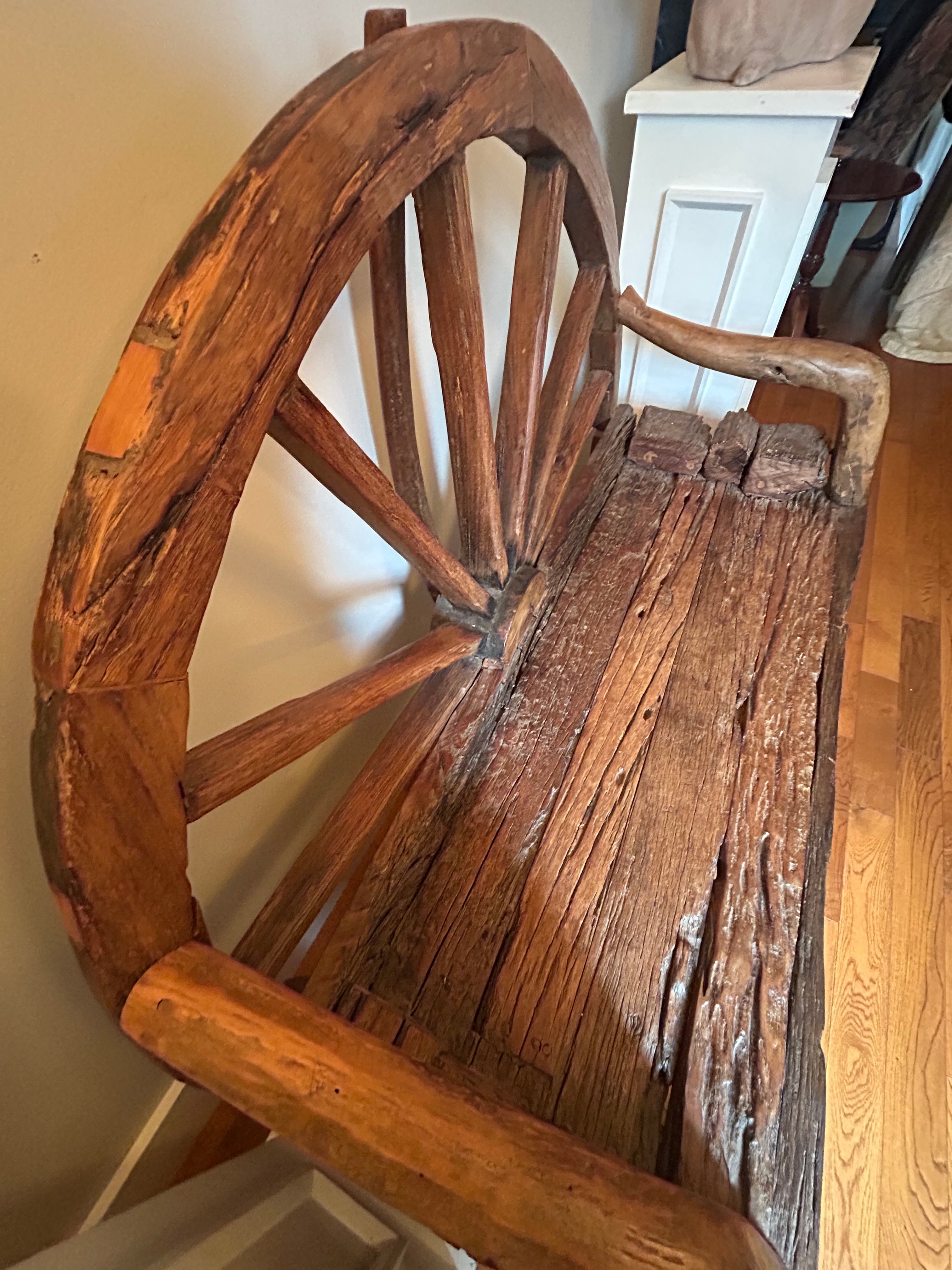 Reclaimed Teak Wagon Wheel Bench