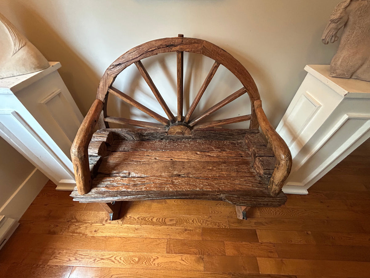 Reclaimed Teak Wagon Wheel Bench
