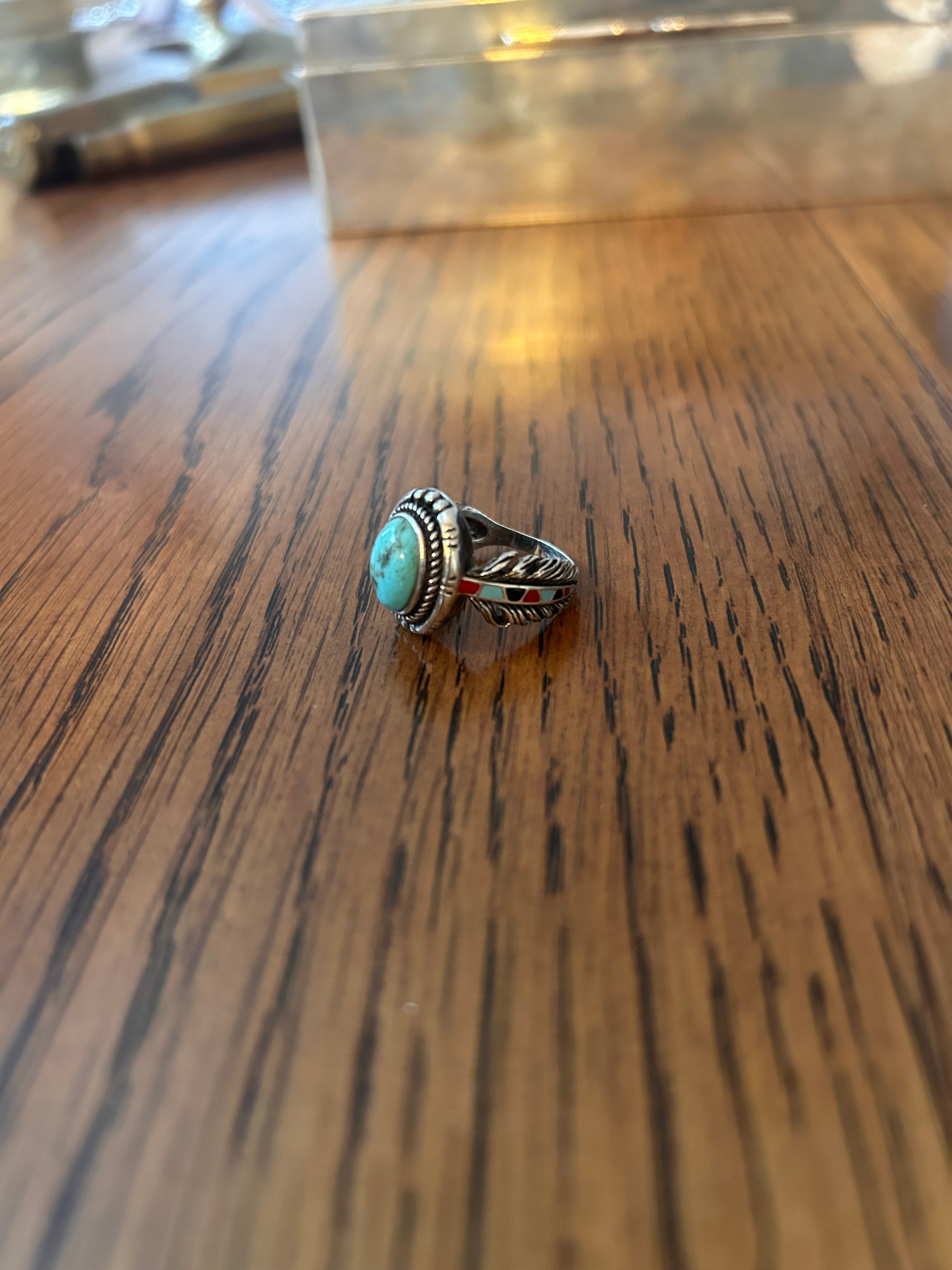 Southwest Native Sterling Silver Ring stamped BGE,  Turquoise & Enamel Feather Revival