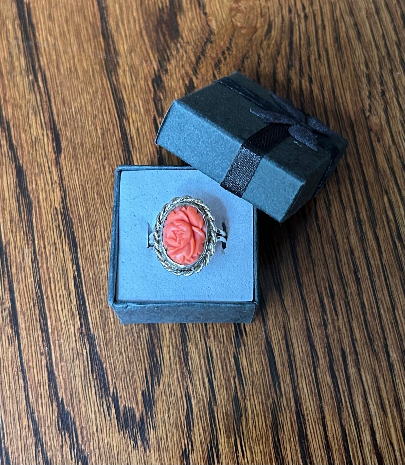 Vintage Momo Coral Rose Ring Sterling Silver Hand Carved Mid-Century Size 7.5