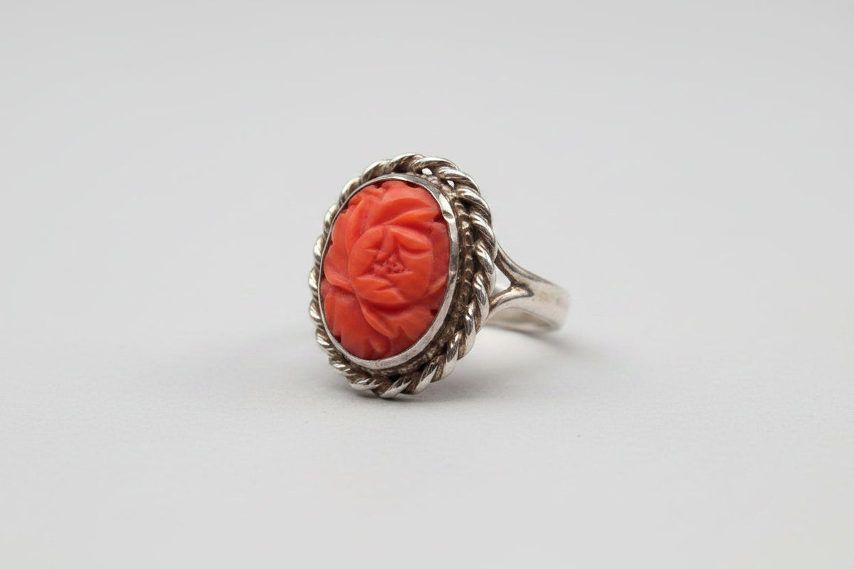 Vintage Momo Coral Rose Ring Sterling Silver Hand Carved Mid-Century Size 7.5