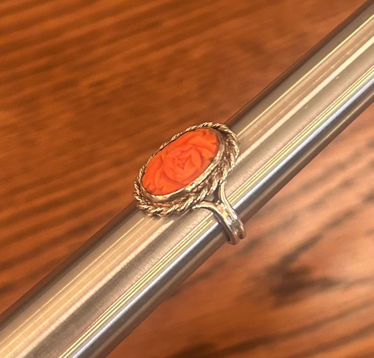 Vintage Momo Coral Rose Ring Sterling Silver Hand Carved Mid-Century Size 7.5