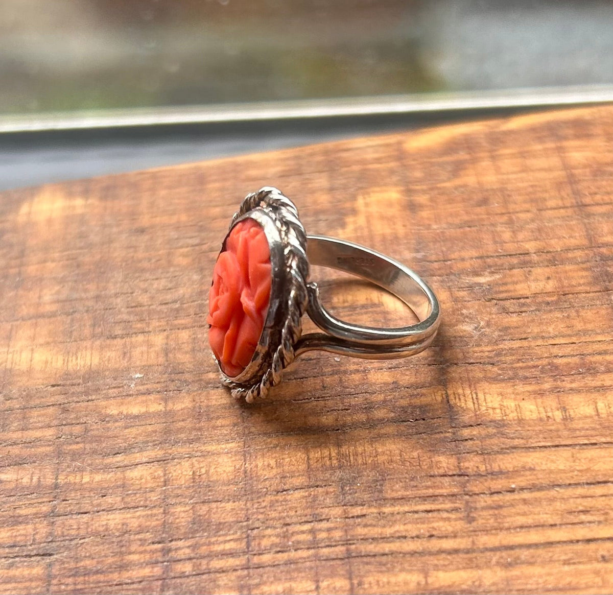 Vintage Momo Coral Rose Ring Sterling Silver Hand Carved Mid-Century Size 7.5
