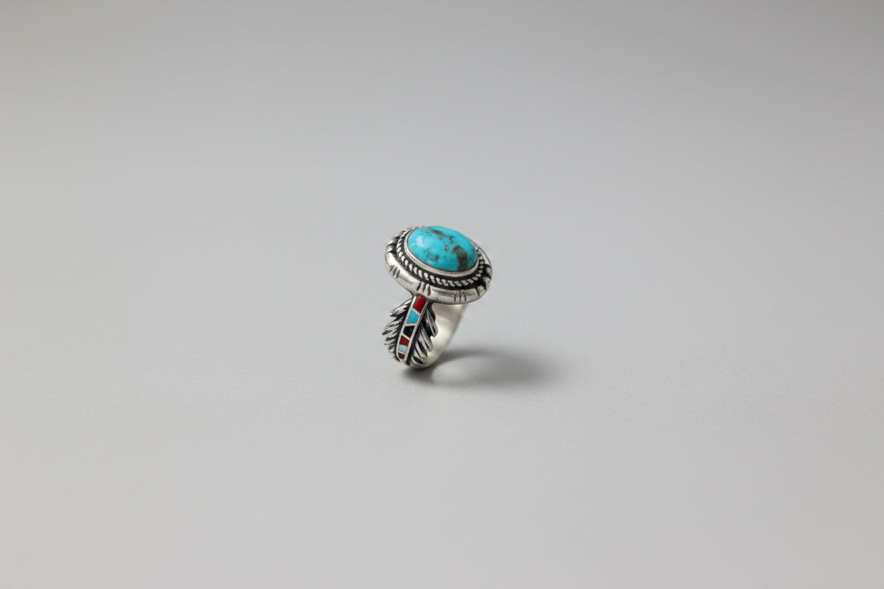 Southwest Native Sterling Silver Ring stamped BGE,  Turquoise & Enamel Feather Revival