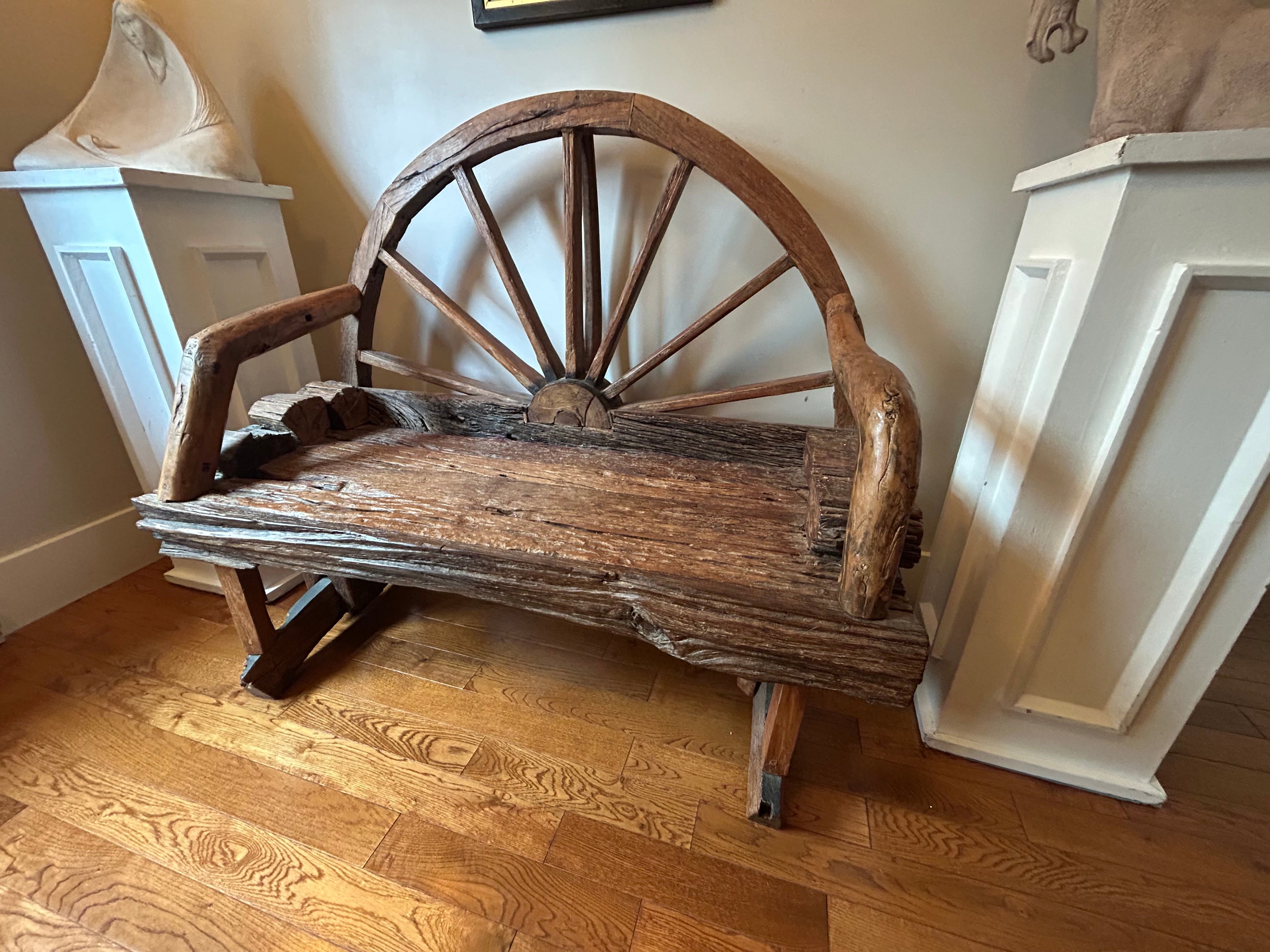 Reclaimed Teak Wagon Wheel Bench