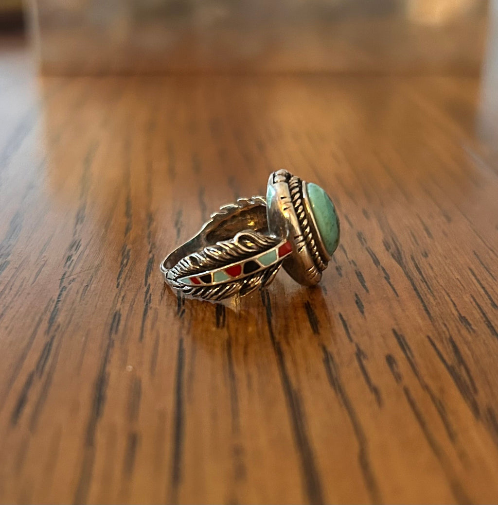 Southwest Native Sterling Silver Ring stamped BGE,  Turquoise & Enamel Feather Revival