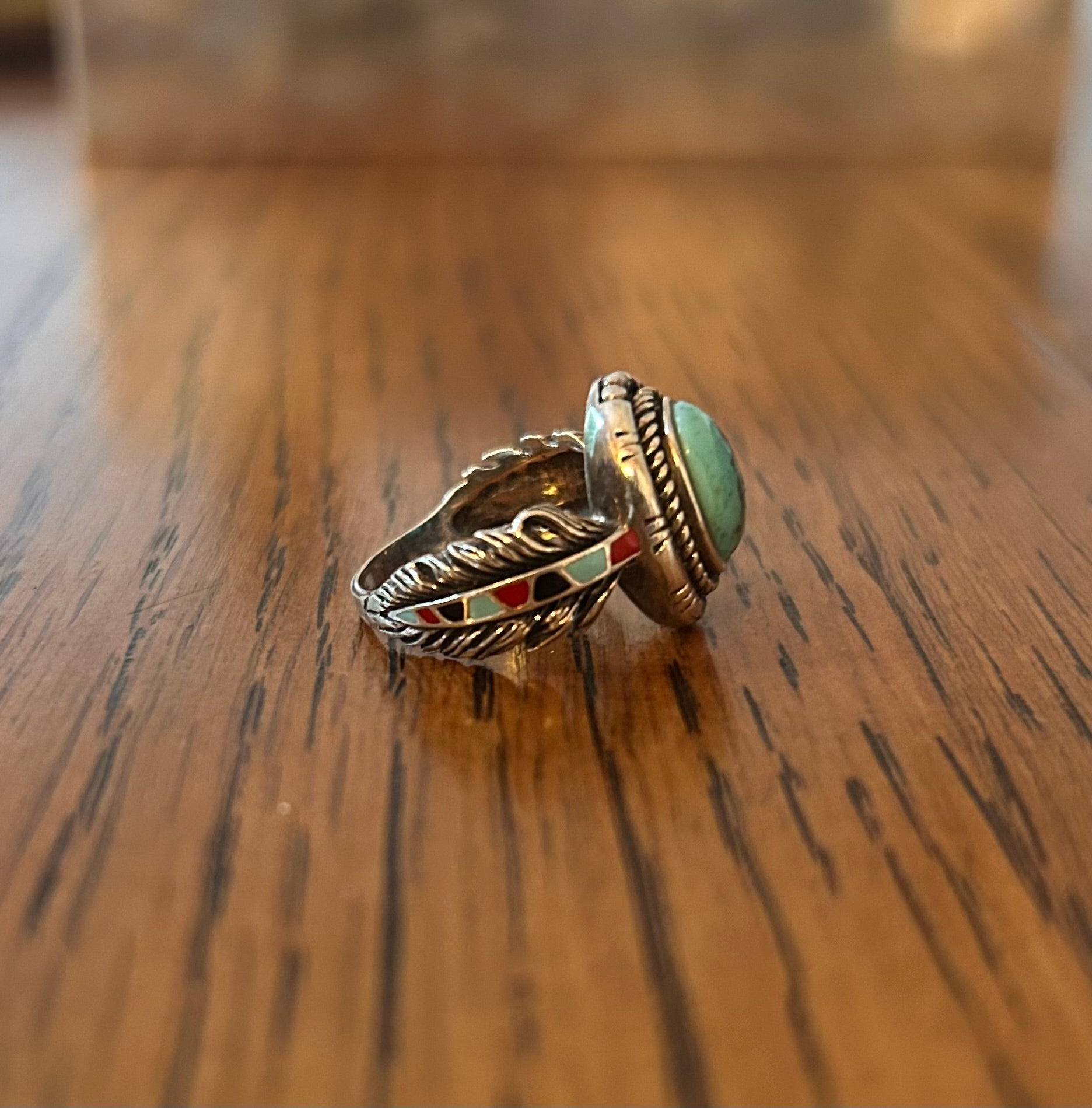 Southwest Native Sterling Silver Ring stamped BGE,  Turquoise & Enamel Feather Revival