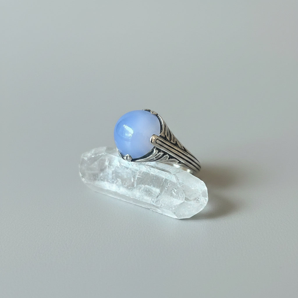 Vintage Mid-Century European Sterling & Blue Chalcedony Ring  size 6