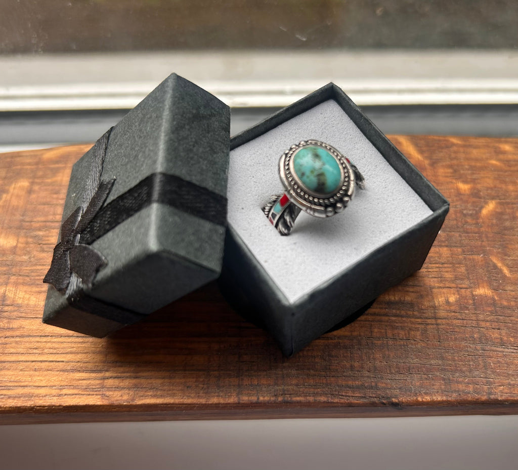 Southwest Native Sterling Silver Ring stamped BGE,  Turquoise & Enamel Feather Revival